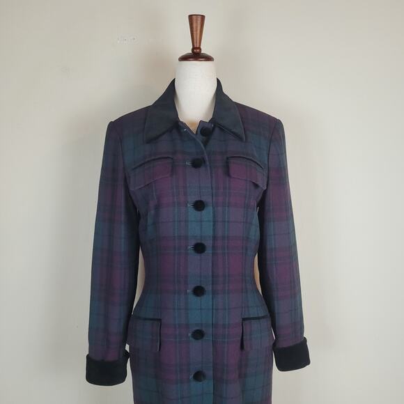 Vintage Kasper Dress 6 Purple Green Plaid Button Down Dark Academia Tailored - Picture 2 of 11